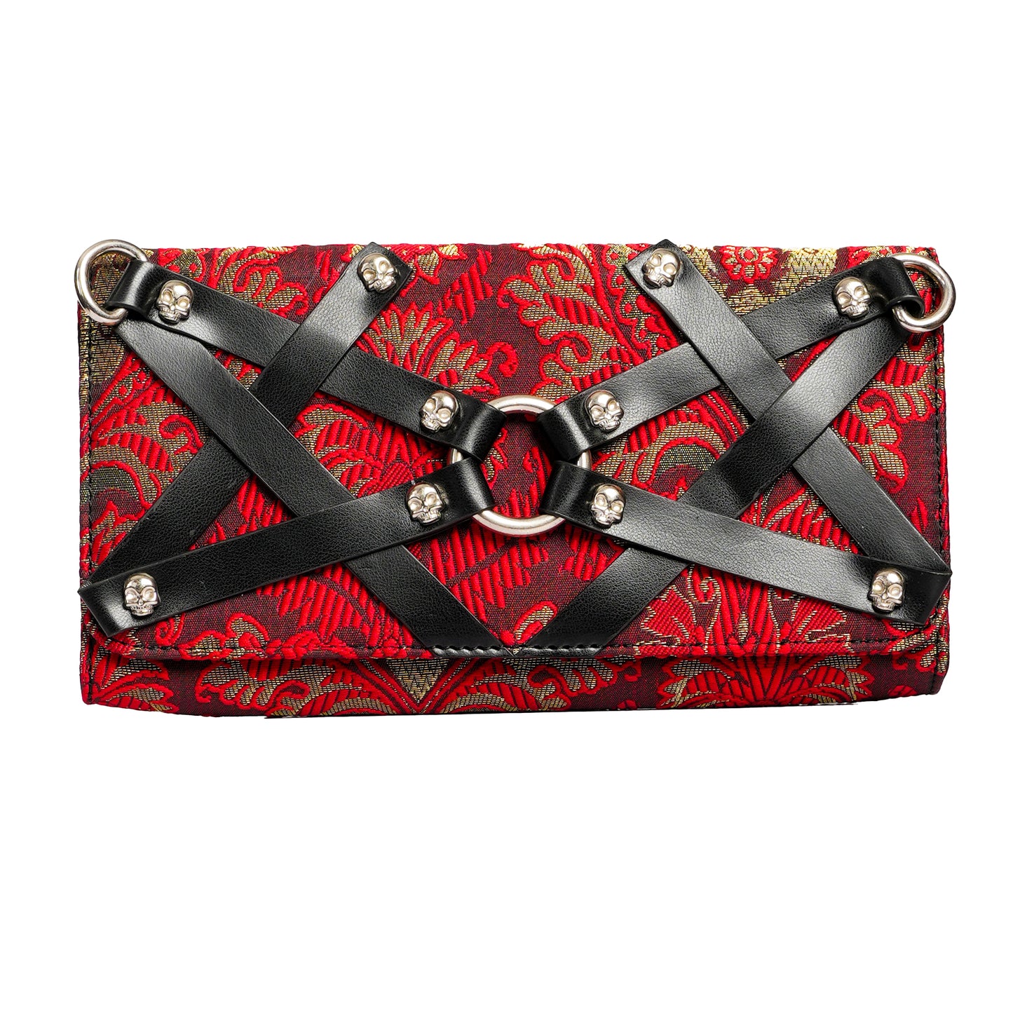 Faux Leather and Red jacquard Fusion: Wholesale Edgy Skull-Studded Clutch
