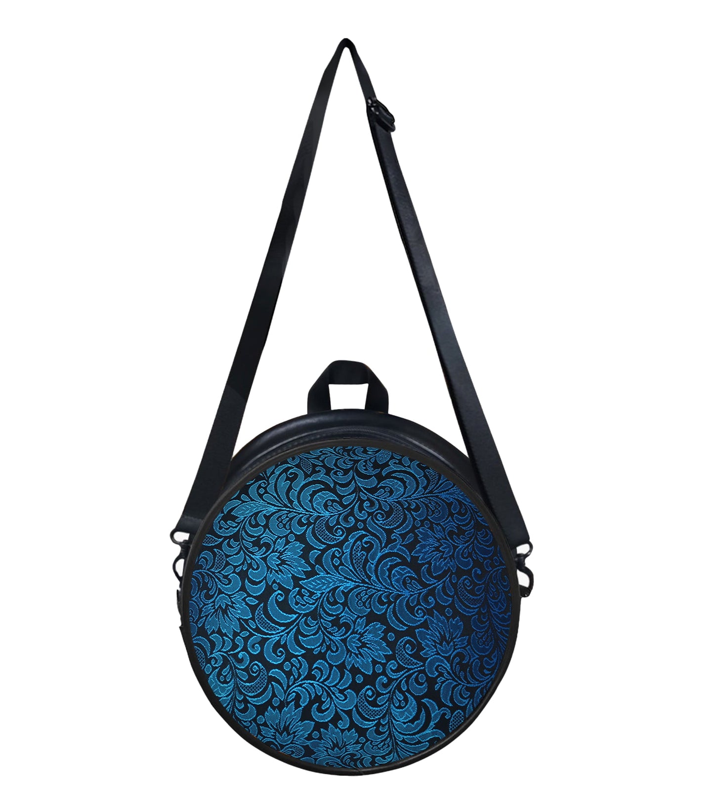 Blue Brocade And Faux Leather Round Handbags