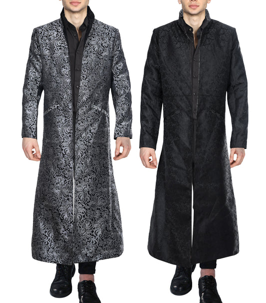 Black/Silver Brocade Reversible Long Coat - Wholesale