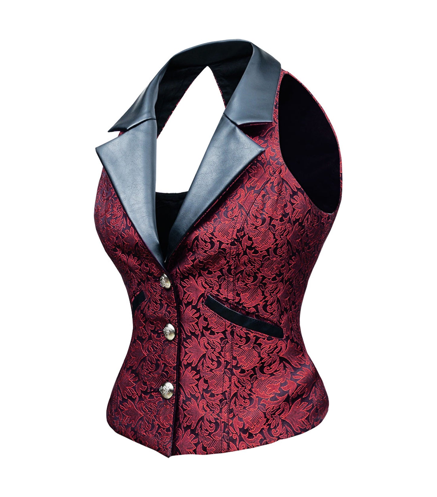 Camille Red Brocade Notch Collar Waistcoat
