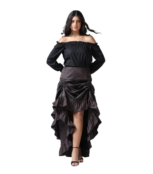 Wholesale Coffee Brown Brocade Ruched High-Low Steampunk Skirt Easto Garments