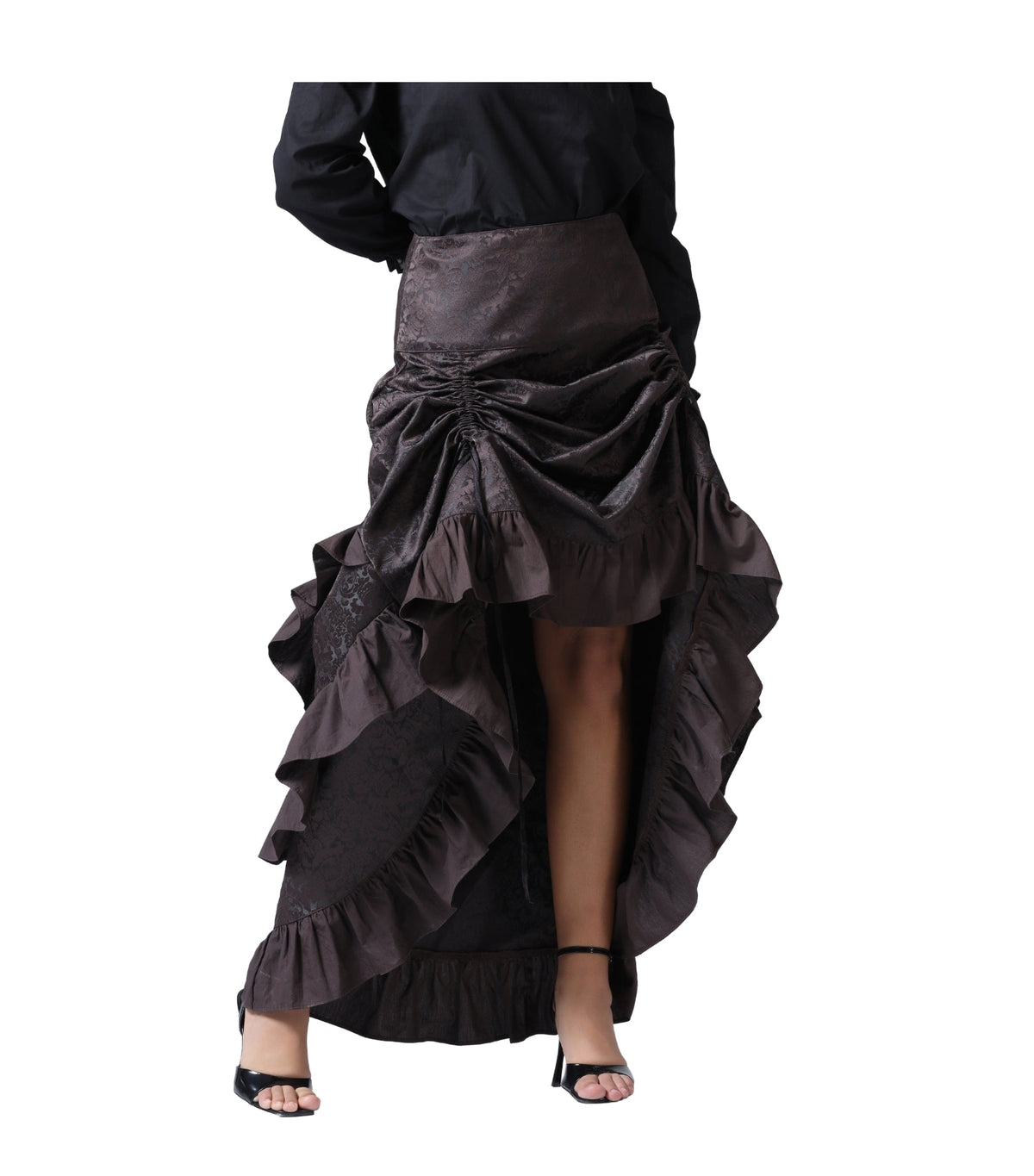 Wholesale Coffee Brown Brocade Ruched High-Low Steampunk Skirt Easto Garments