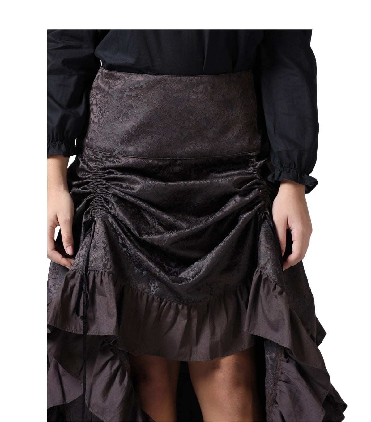 Wholesale Coffee Brown Brocade Ruched High-Low Steampunk Skirt Easto Garments