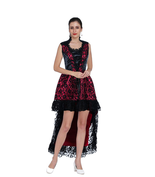 Victorian Lavish Black/Red Satin Dress with Floral Mesh