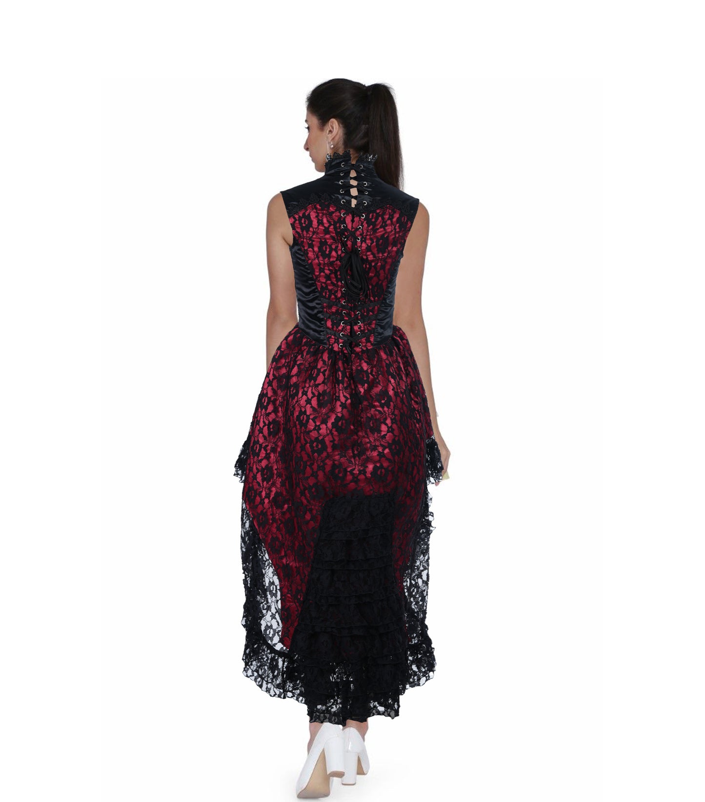 Victorian Lavish Black/Red Satin Dress with Floral Mesh