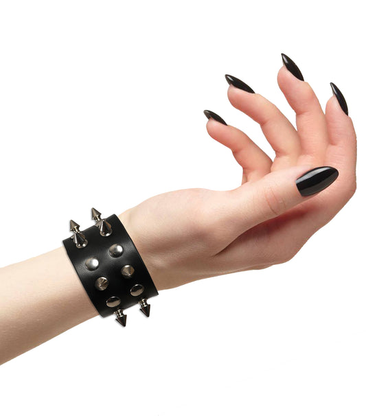 Black Leather Bracelet with Double Rows Studs : For Your Inner Rebel