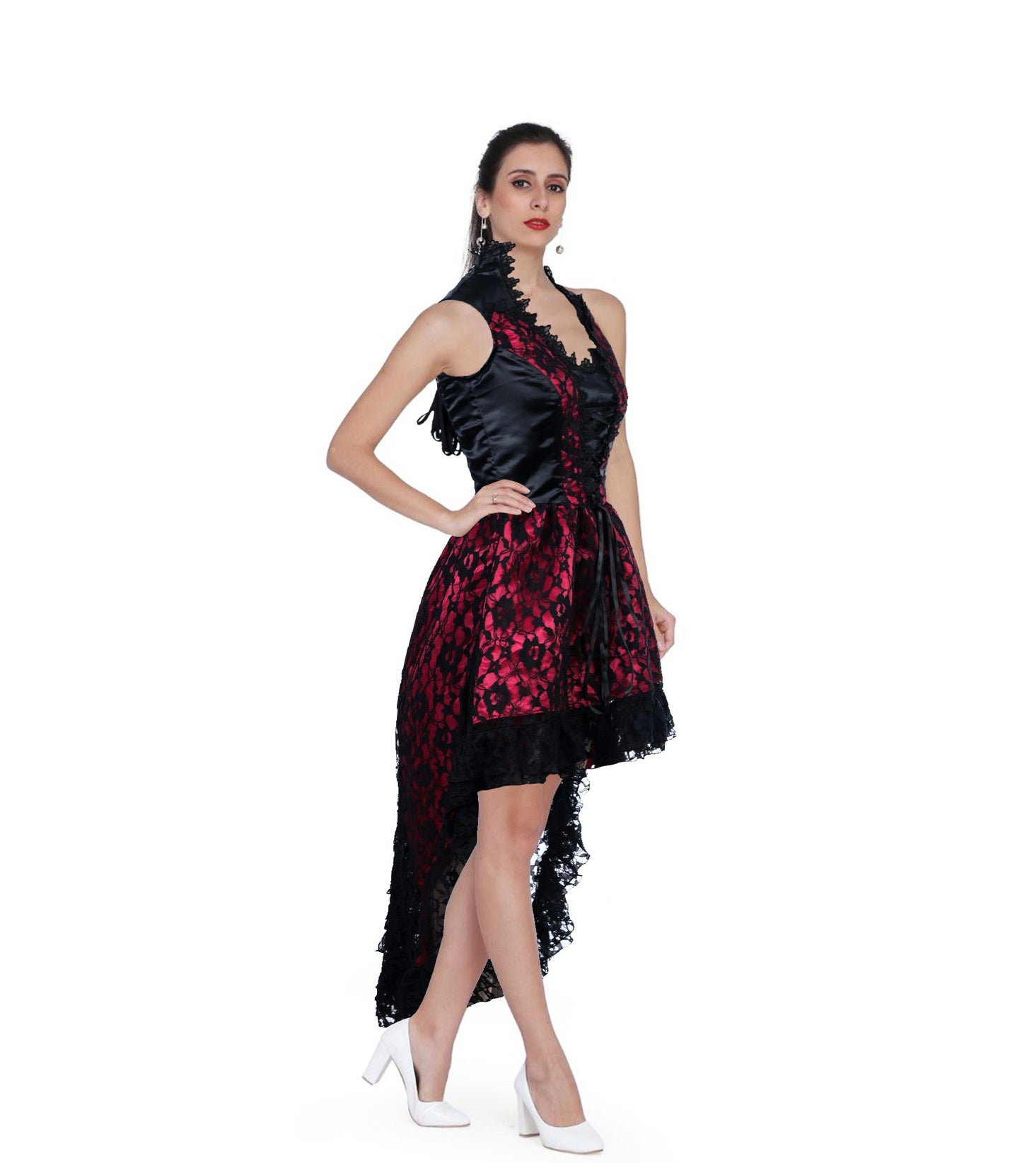 Victorian Lavish Black/Red Satin Dress with Floral Mesh