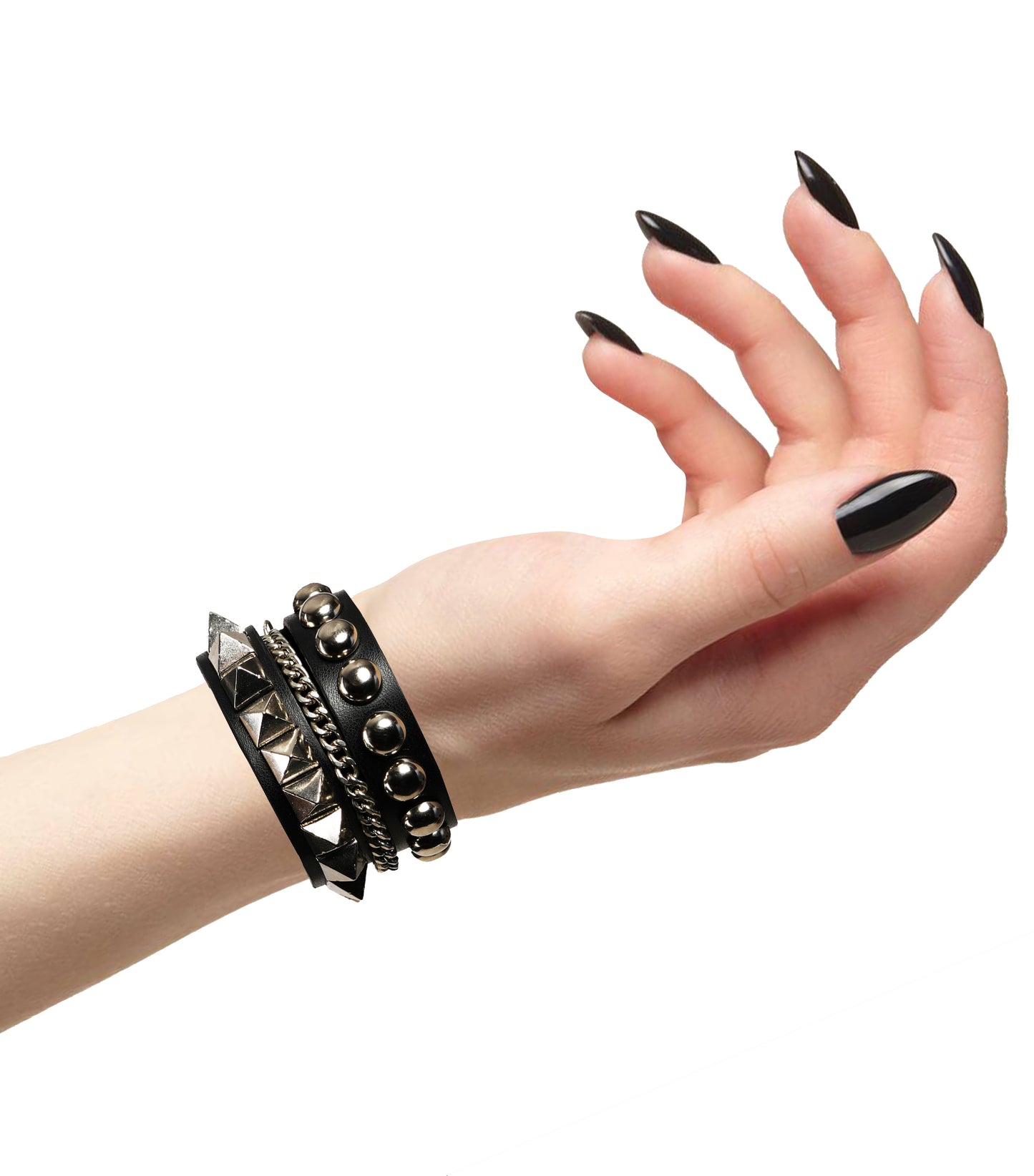 Black Gothic Leather Bracelet with 3 Layers of Metal Chains, Rivets, and Diamond Studs: Layered Punk Style