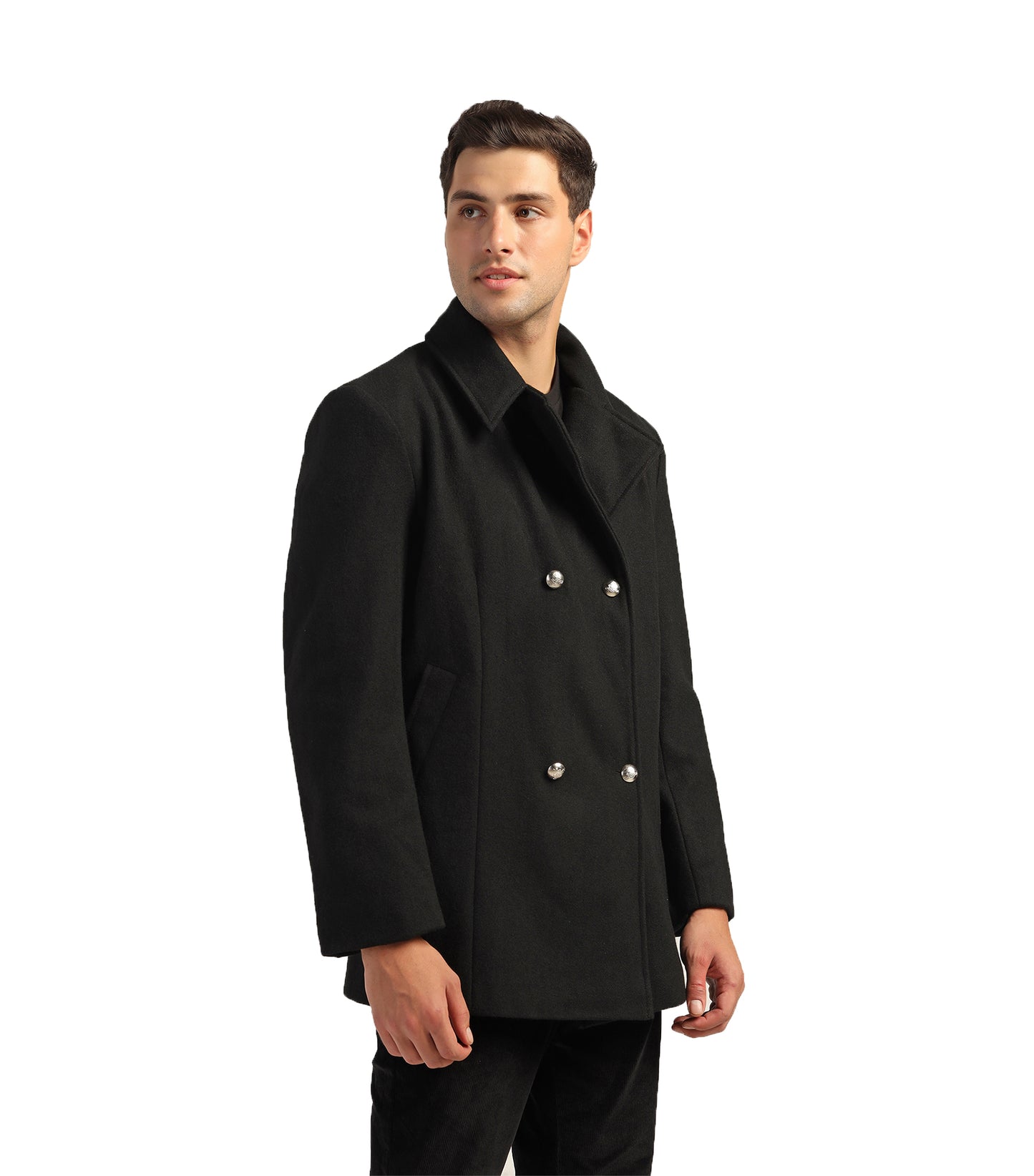 Classic Black Felt Double-Breasted Coat With Silver Buttons