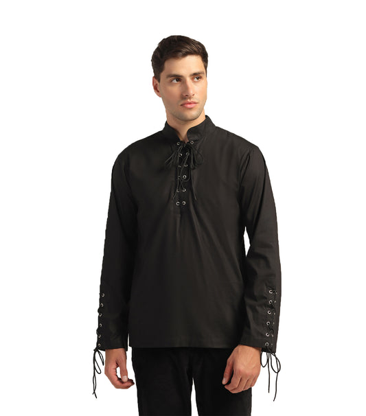 Classic Vintage Black Shirt with Dori and Eyelet Detailing