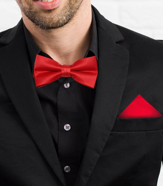 Rose red satin pre-tied Bow Tie with Pocket Square