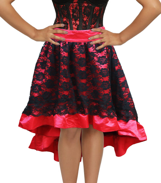 Shadow Veil Lace Overlay Red Satin Skirt