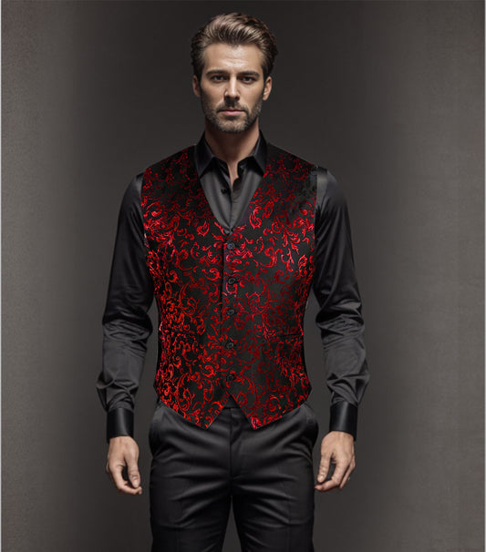 Black Red Brocade Men's Waist Coat