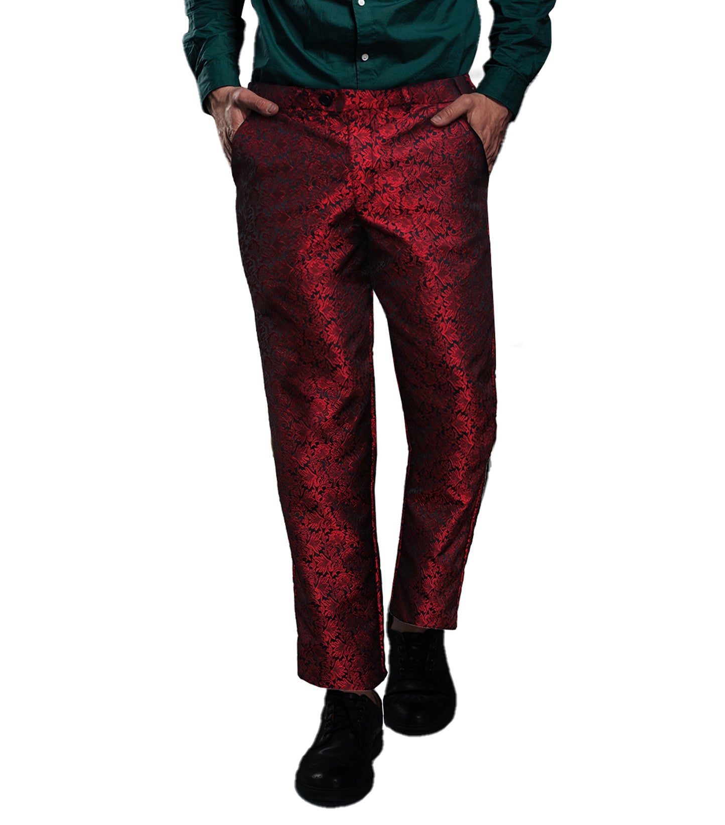Crimson  Poise - Red Black Brocade Gentleman Formal Pants
