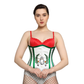 A woman wearing a red and green embroidered underbust corset with a white modesty panel and black lace detailing.