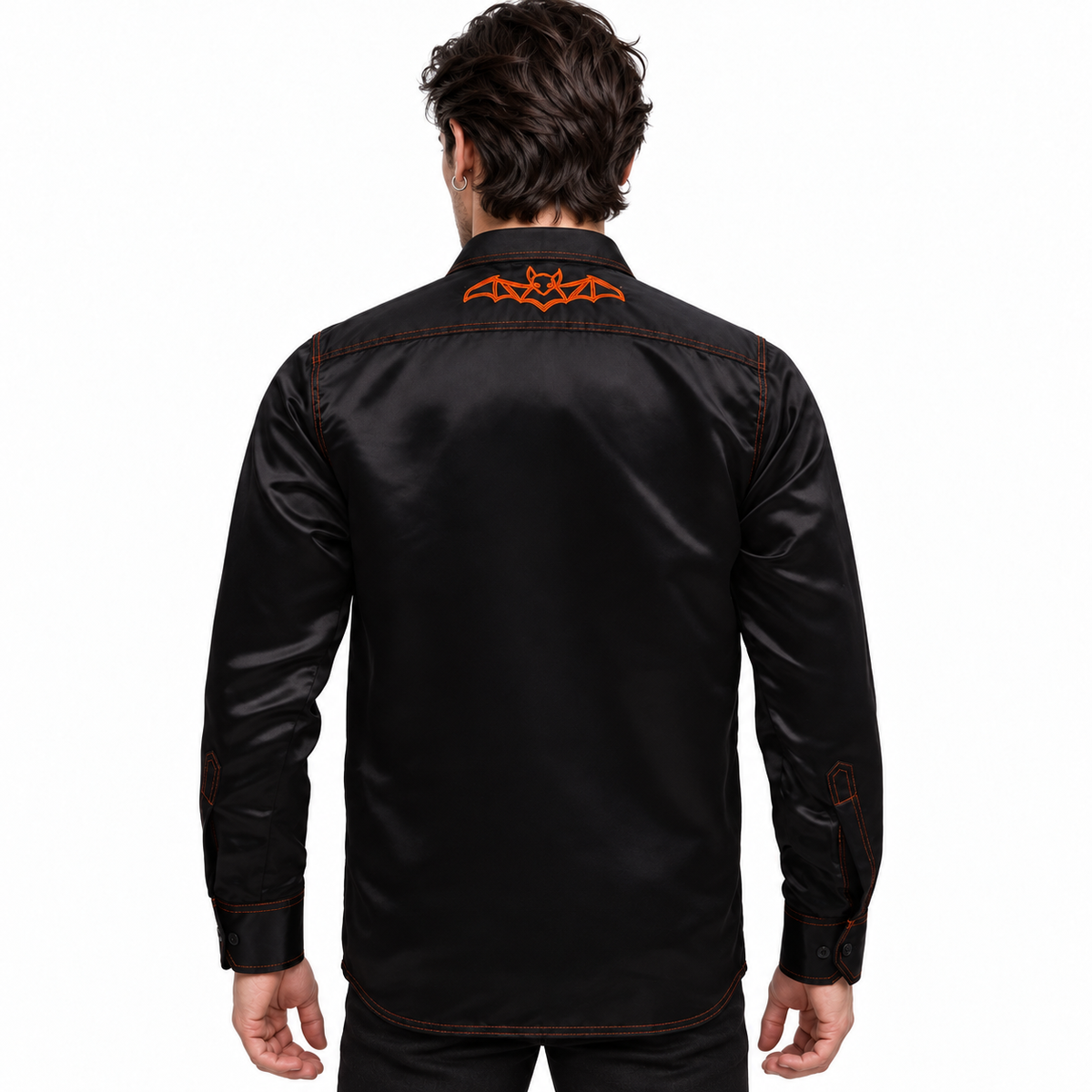 Men’s Black Satin Halloween Shirt with Haunted House Embroidery Easto Garments