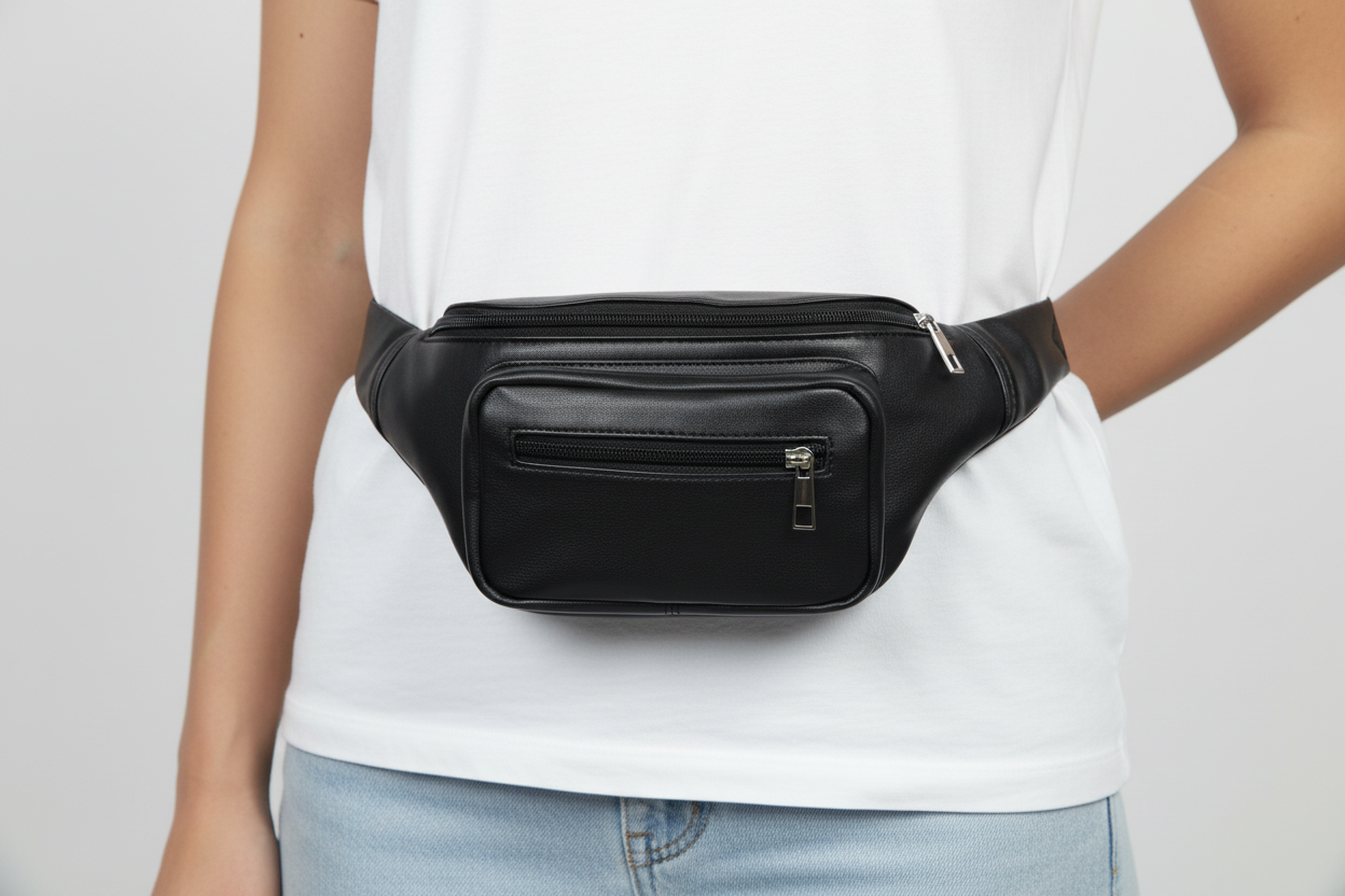 Black Leather-Style Waist Bag / Crossbody Sling Easto Garments