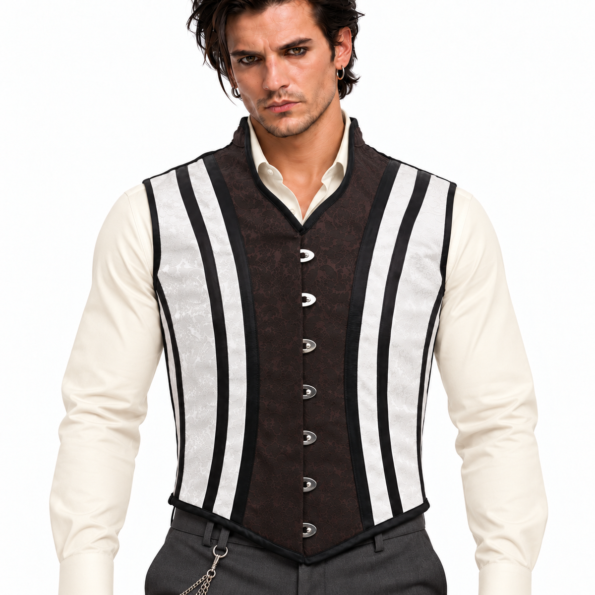 Men’s Brown & White Brocade Steel-Boned Corset Waistcoat Easto Garments