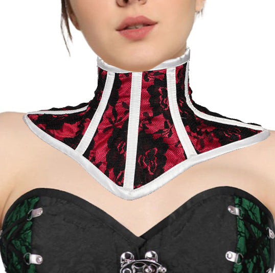 Black Floral Mesh on Red Satin High Collar Neck Corset/Collor/Band