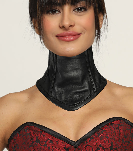 Black Leather Neck Corset with Adjustable Satin Lace-Up