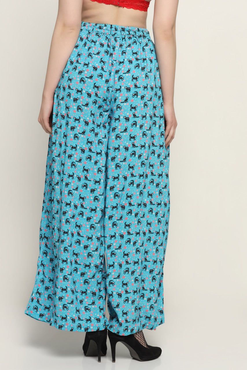 Cat Printed Fabric Relaxed Fit Palazzos