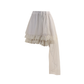 An asymmetrical off-white skirt featuring a tiered ruffle hem with lace trim and a long draped side panel, shown against a plain white background.