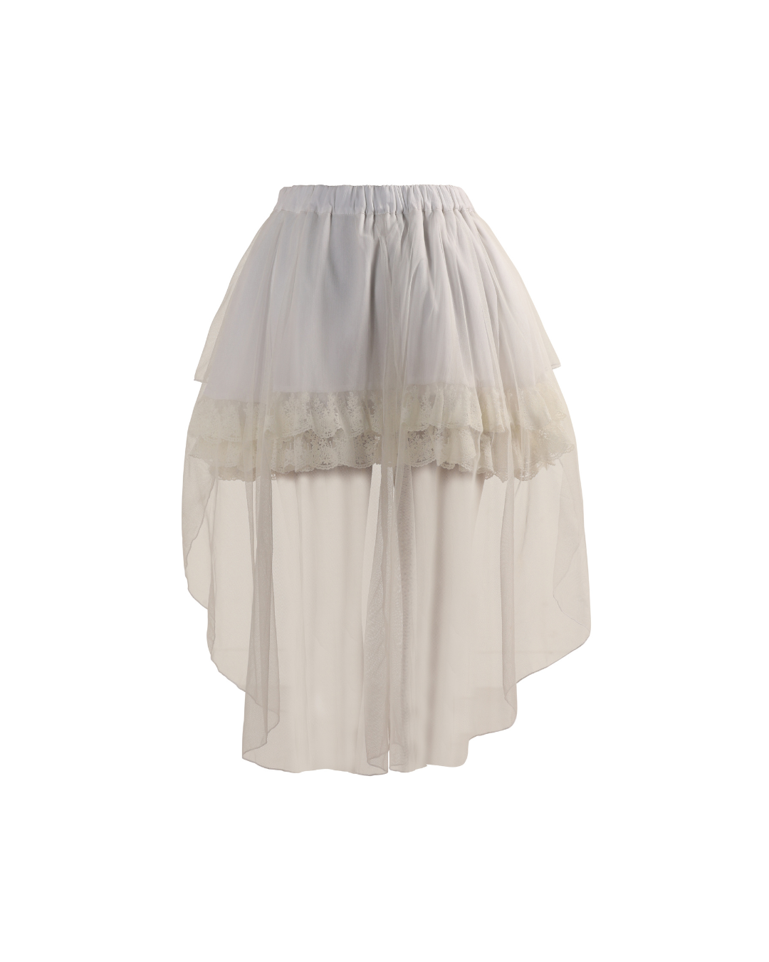 A white tiered tulle skirt with a lace ruffle detail and an elastic waistband, shown against a plain white background.