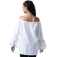 A woman shown from the back wearing a white off-the-shoulder blouse with long ruffled bell sleeves and black pants, against a plain white background.