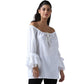 White Renaissance chemise blouse with off shoulder neckline, front tie and long bell sleeves
