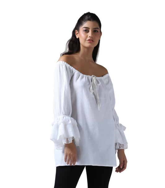 White Renaissance chemise blouse with off shoulder neckline, front tie and long bell sleeves