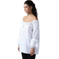 White medieval peasant chemise blouse with flowing bell sleeves and lace cuff detail side view
