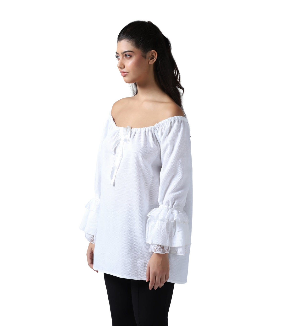 White medieval peasant chemise blouse with flowing bell sleeves and lace cuff detail side view