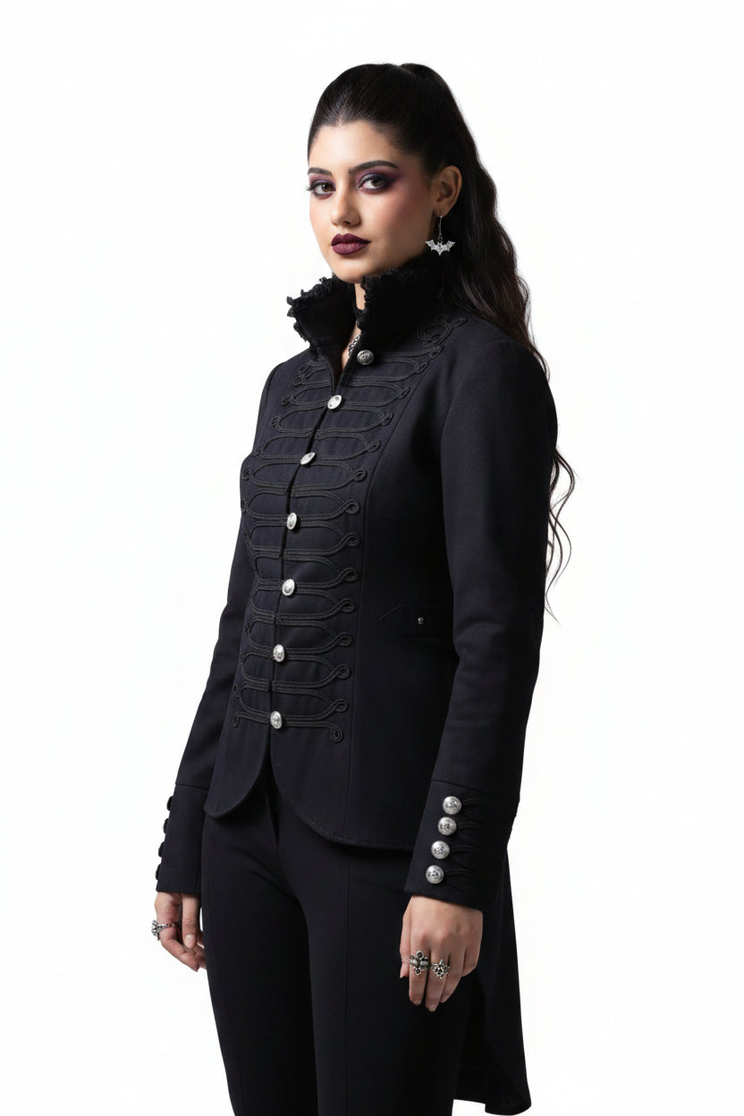 Women’s black Hussar tailcoat in felt with braided frogging and metal button front