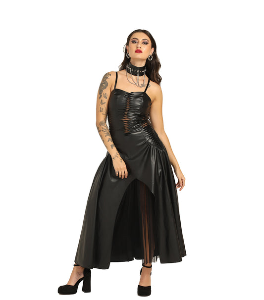 Black Faux Leather & Mesh Gothic Dress - Wholesale Fashion