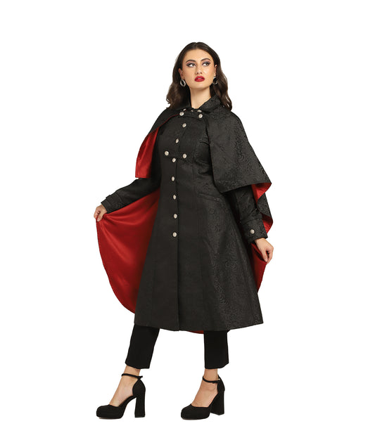 Vampire's Black Brocade Cape with Red Satin Lining