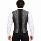 ack view of men’s black and silver brocade corset vest showing adjustable lacing.