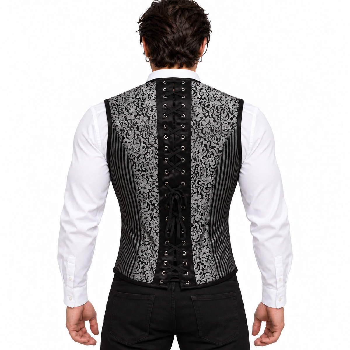 ack view of men’s black and silver brocade corset vest showing adjustable lacing.