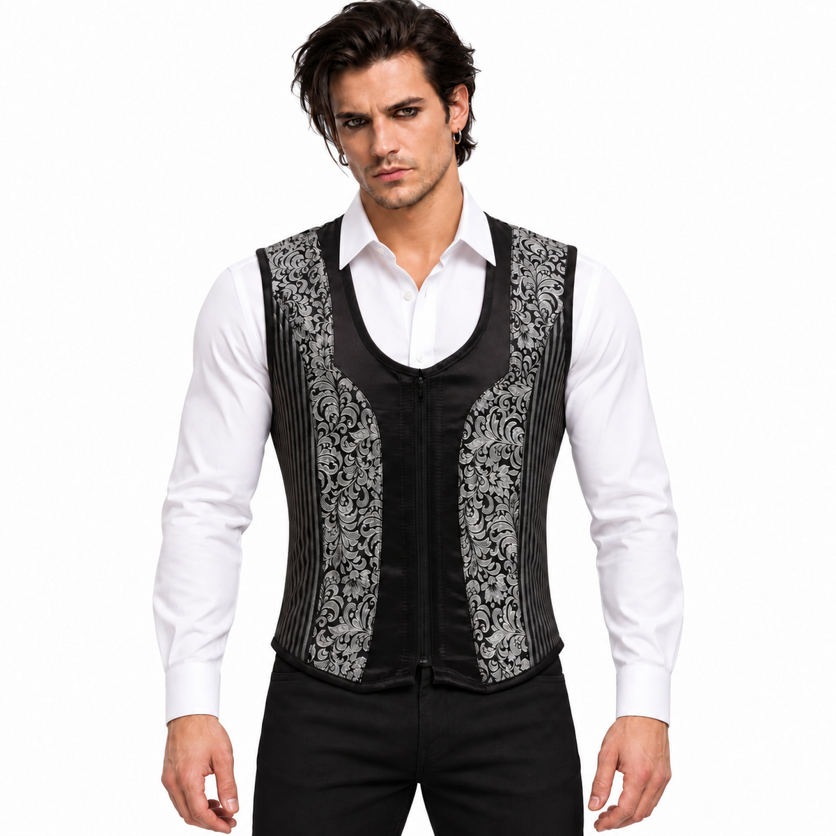 male mdoel wearing men black silver brocase emns corset