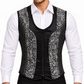  Front view of men’s black and silver floral brocade corset vest with a deep scoop neckline.