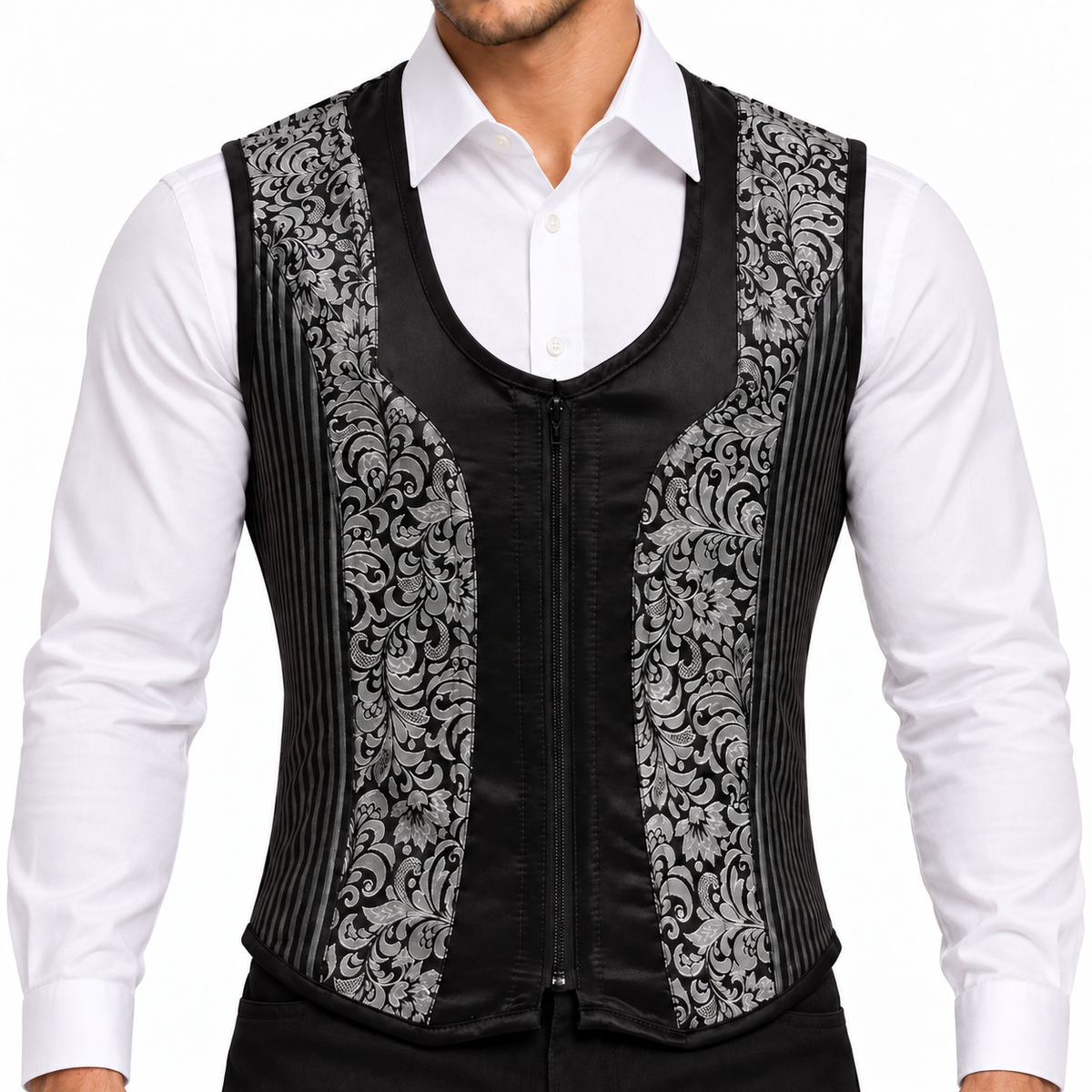  Front view of men’s black and silver floral brocade corset vest with a deep scoop neckline.