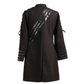Back view of a men’s black Gothic long coat with three diagonal eyelet straps, lace-up sleeves and a centre vent.