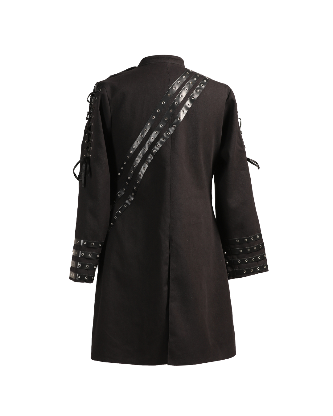 Back view of a men’s black Gothic long coat with three diagonal eyelet straps, lace-up sleeves and a centre vent.