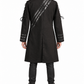 Back view of a black Gothic long coat with three diagonal eyelet straps, lace-up sleeves 