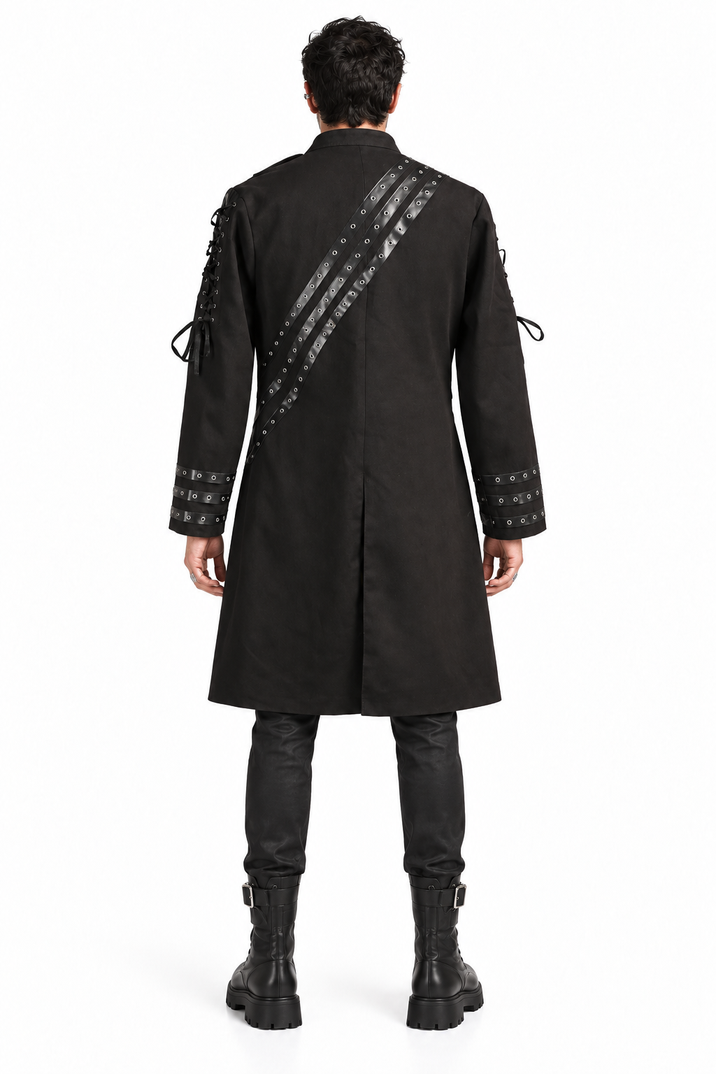 Back view of a black Gothic long coat with three diagonal eyelet straps, lace-up sleeves 