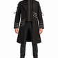Front view of a male model in a black twill Gothic long coat with zip front, laced sleeves, eyelet straps and chains.