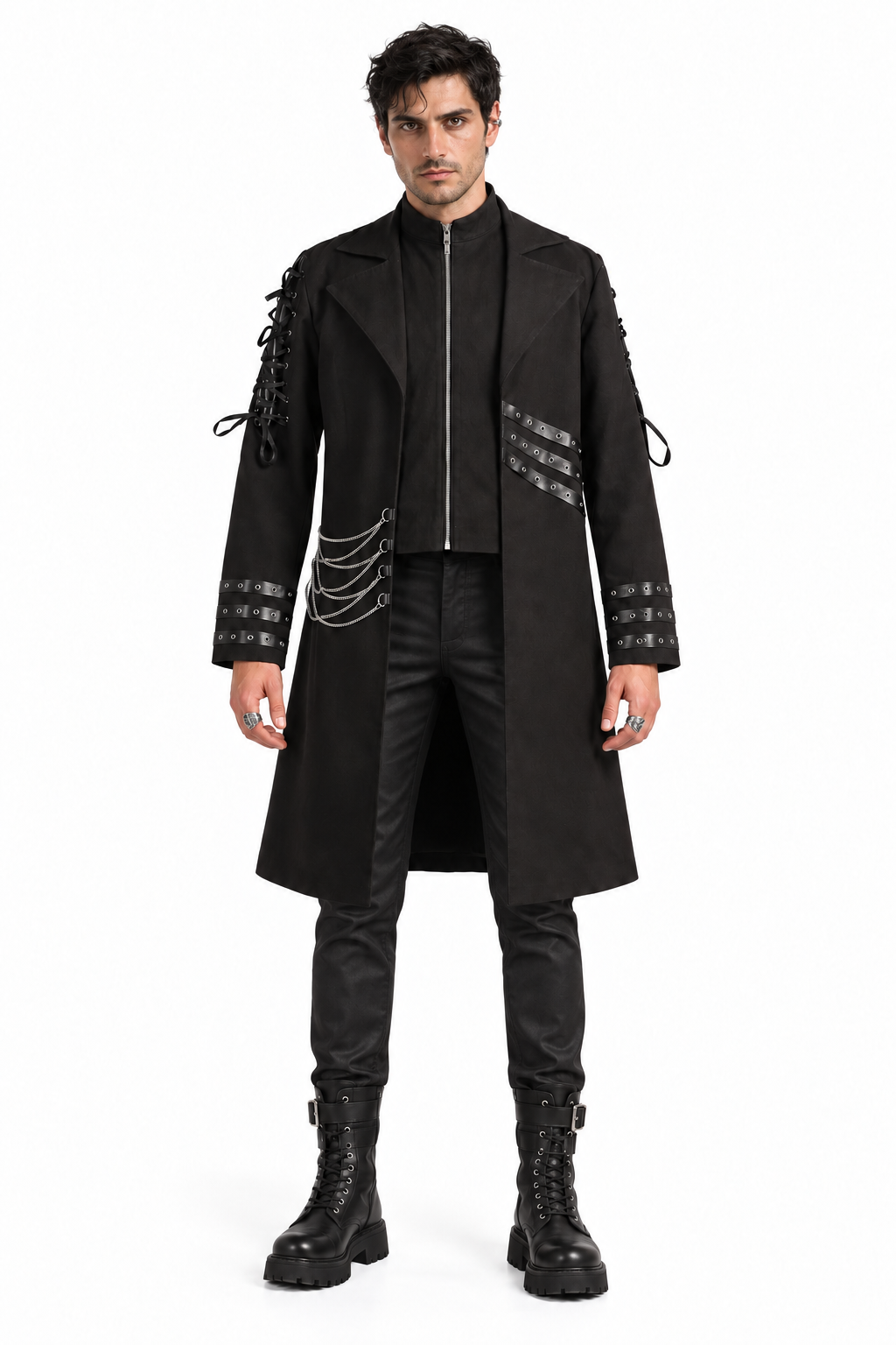 Front view of a male model in a black twill Gothic long coat with zip front, laced sleeves, eyelet straps and chains.