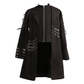 A black gothic-style long coat with silver chain details, lace-up sleeves, and a front zipper, shown against a plain white background.
