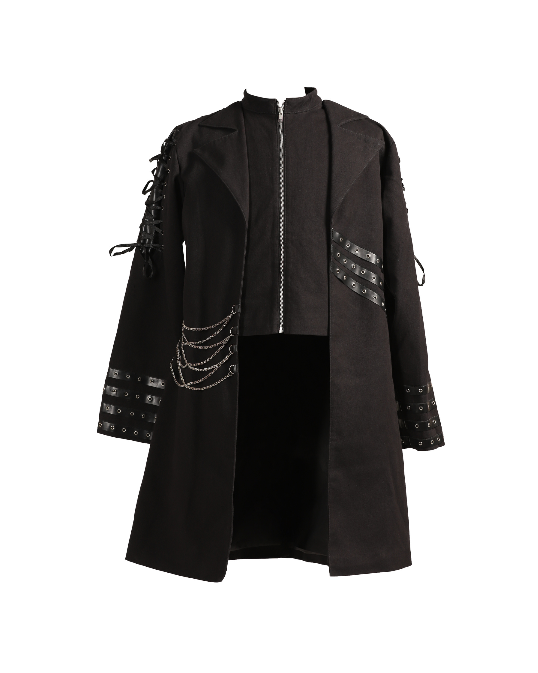 A black gothic-style long coat with silver chain details, lace-up sleeves, and a front zipper, shown against a plain white background.