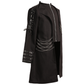 A black gothic-style long coat with silver chain details, lace-up sleeves, and a front zipper, shown against a plain white background.