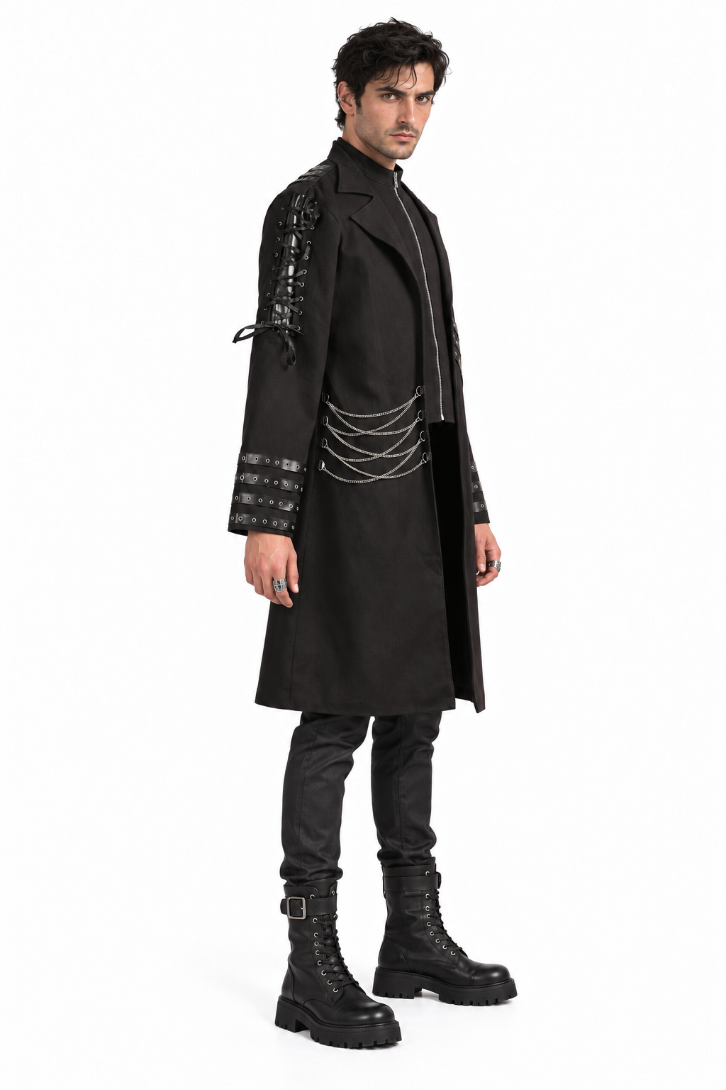 Men’s Chain Eyelet Gothic Long Coat  side view